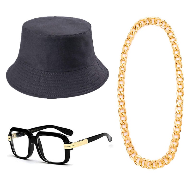 Feacole 80s/90s Hip Hop Costume Kit- Cotton Bucket Hat,Big Chunky Miami Cuban Chain Necklace,80's Gazelle Vintage Glasses (XL) - Image 1